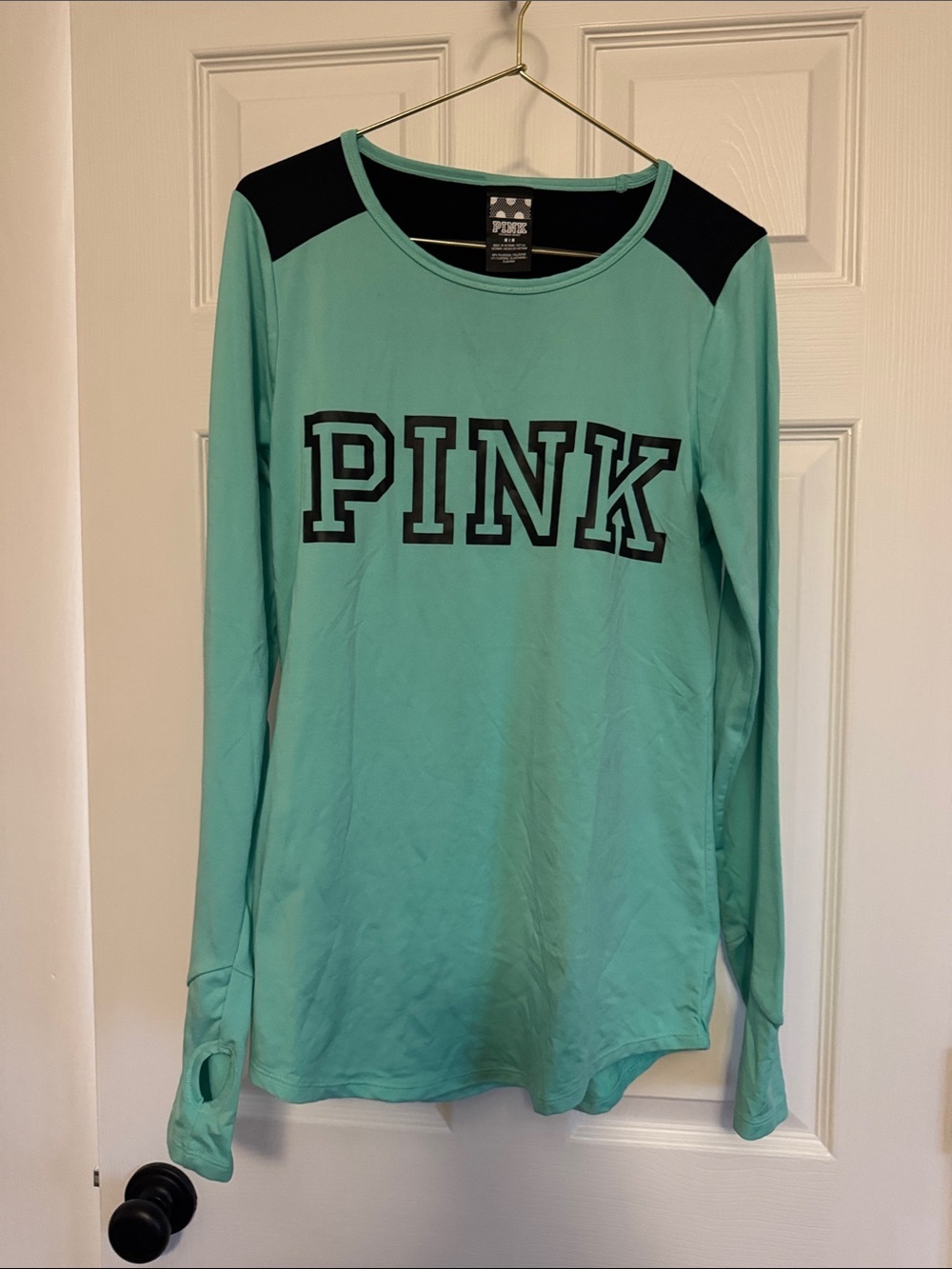 Victoria's Secret PINK Mint Teal Long Sleeve Top Workout Top with Black Trim